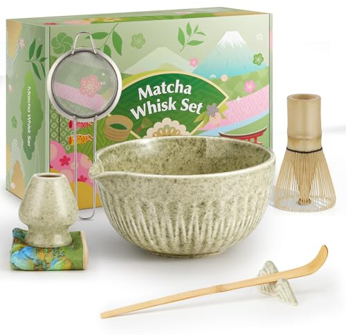 Matcha Set, Matcha Tea Set 7 Teiliges Traditionelles Mit Japanisches Whisk Auslauf, Besen Halter, Sieb, Löffel und Halter