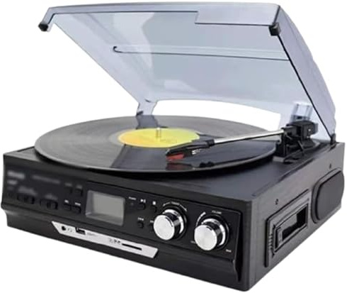 Tocadiscos vintage con radio AM/FM, casete y reproductor de CD, reproductor de discos de estilo clásico con 2 altavoces estéreo separados