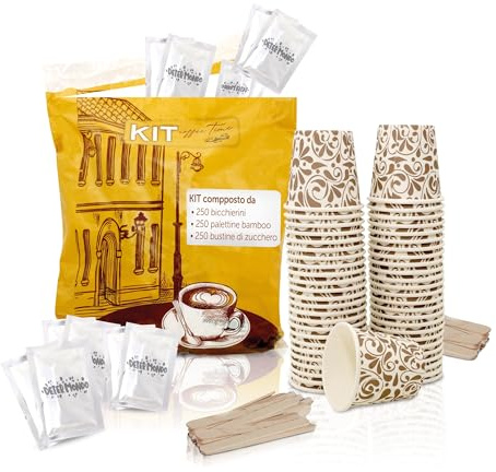 DETERMONDO Kit 750 Pezzi Bicchierini da Caffè con Palette in Legno e Bustine di Zucchero, Usa e Getta Biodegradabili 75 ml, Tazzine Caffè Espresso Monouso Compostabili Ecologiche in Carta