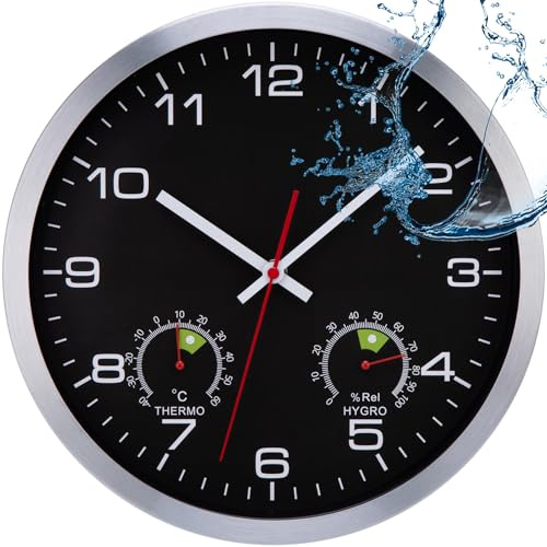 VIVILINEN Outdoor Wanduhr Wasserdicht mit Temperatur- &Feuchtigkeitsanzeige | Außenuhren wetterfest mit UV-beständigem Zifferblatt, IP65 für Garten, Terrasse, Küche & Badezimmer