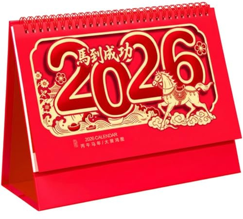 Keuyeo Bordskalender 2026, röd hopfällbar kalender i kinesisk stil, perfekt för hem, kontor, skola, familj och akademiska ändamål