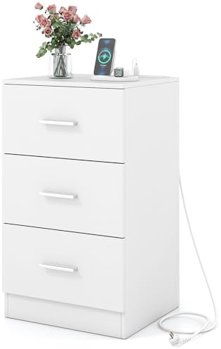 COSTWAY Table de Chevet avec Prise, Table de Nuit 3 Tiroirs, Commode Chambre Bois avec Poignée, Meuble Tiroir Rangement pour Bureau, Salon, 38 x 35 x 66 CM (Blanc)