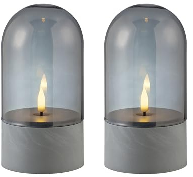 LED-Kerzen 2er-Set Tischleuchte Illusion, warmweiß 2500 K, akkubetrieben, Rauchglas, grau, dekoratives Flammendesign, kabellos, ideal für Wohnzimmer, Schlafzimmer, Terrasse, stimmungsvolles Licht | Dekorative Kerze mit Timer, batteriebetrieben (Batterien nicht enthalten), 2500 K, stimmungsvolles Ambiente