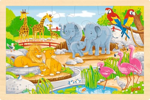 goki 57302 - Einlegepuzzle Bauernhof/Zoo, 24- teiliges beidseitig bedrucktes Holzpuzzle für doppelten Puzzlespaß, 30 x 20 cm