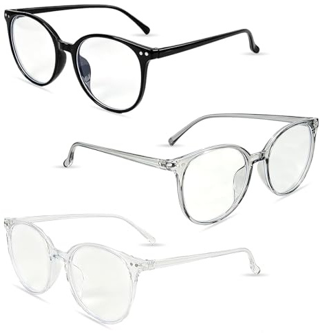 Sylalxeba 3 Pack Blaulichtfilter Brille kompatibel mit PC Bildschirm, Runde Rahmen Anti Blaulicht Brillen ohne Stärke für Damen Herren, Black Clear Grau