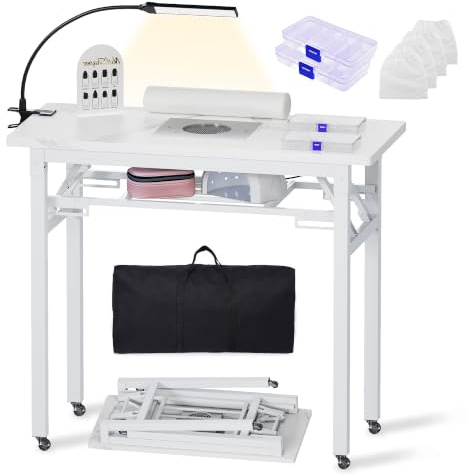 Tragbarer Nageltisch mit Staubabsaugung und LED-Lampe, Klappbarer Manikürtisch mit Tragetasche, Handauflage, Organizer-Boxen & Nail Display, Profi Nagelstudio Tisch für Maniküre & Nageldesign,Weiß