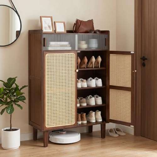 COSTWAY Bamboo Shoe Cabinet, 6-Tier Shoe Storage Cupboard with Rattan Doors