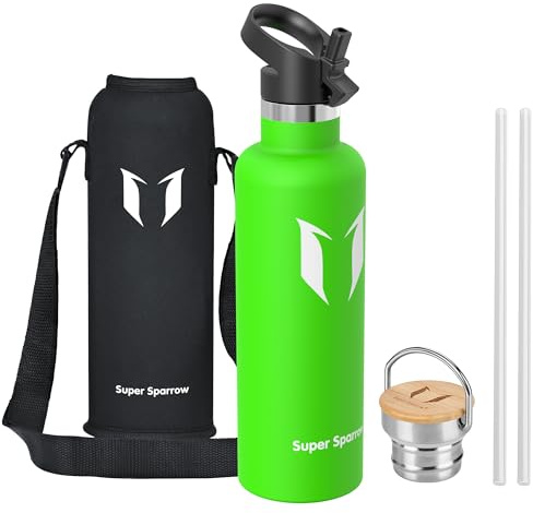 Super Sparrow Water Bottle Stainless Steel - 1000ml - Insulated Metal Water Bottles - Standard Mouth Flask - BPA Free - Straw Bottle for Work, Gym, Sports - 2 Lids