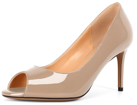 Elashe Women Peeptoe Pumps | 8cm Open Toe Court Pumps | Classic High Heel for Office, Wedding, Party, Dress Event Beige EU39