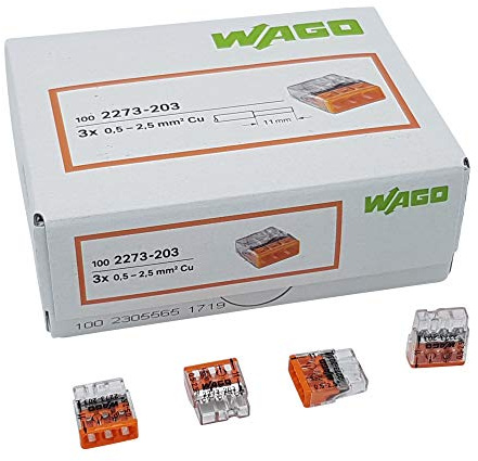 Wago 100 Stück Anschlussklemmen COMPACT Ø 0,5-2,5 mm² 3-polig transparent orange 2273-203 | Pus-in Klemme für 0,5-2,5 mm² Massivleiter, Sichtfenster zur Kontaktkontrolle, platzsparende Elektroinstallation