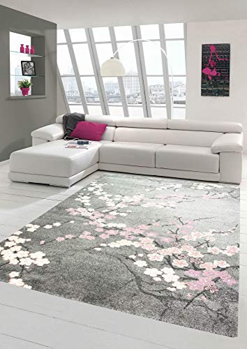 Merinos Teppich modern Wohnzimmer Teppich mit Blumenmotiv Pink Grau Größe 140x200 cm