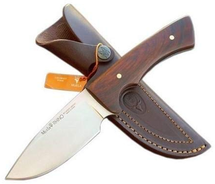 Muela Cuchillo de caza RHINO-10R con hoja de acero inoxidable ACX-380 de 10 cm y empuñadura de madera de coral de 12 cm para Caza, Pesca, Supervivencia y Bushcraft + Portabotellas de regalo