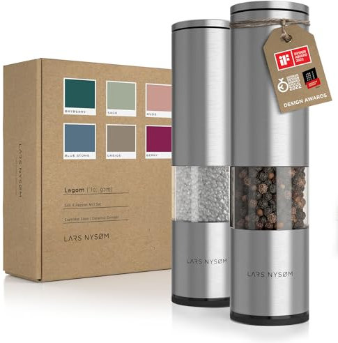 LARS NYSØM Salt and Pepper Grinder Set Manual, Stainless Steel Salt and Pepper Mills with Adjustable Ceramic Grinder I Design Spice Shakers (Stainless Steel)