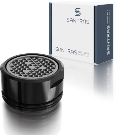 SANTRAS® Strahlregler M24x1 – Luftsprudler für Wasserhahn mit Siebeinsatz | Wasserhahnaufsatz als Wassersparer mit Mischdüse (Außengewinde 24 mm) in Schwarz (RAL 9005, glänzend)