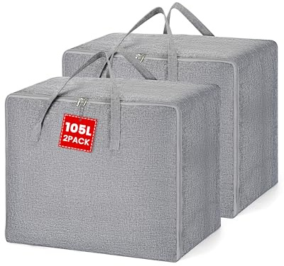 HOLULO Aufbewahrungstasche 105L für Bettdecken Kleidung Kissen, Faltbare Organizer Tasche aus Baumwolle Leinen mit Doppelreißverschluss & Verstärkten Griffen (105L)