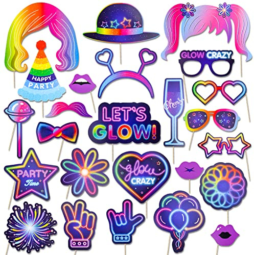 Qpout 25 Pieces Glow Party Photo Props, Neon Party Photo Booth Props, Fluorescent Selfie Props, Glow in The Dark Party Photo Props Posing Props Bar Decoration