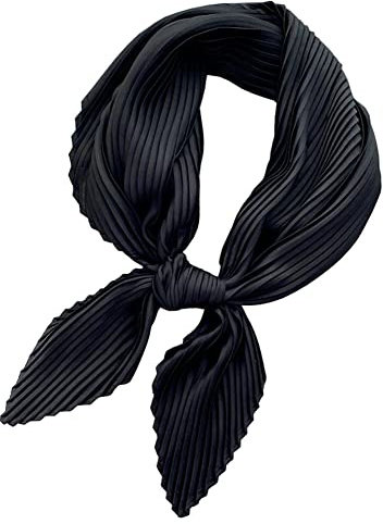 PengFaXin Women Silk Like Solid Square Scarf Satin Neckerchief Pleated Headscarf (#19 Black)