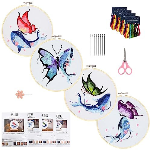 4 Sets Anfänger Stickerei Set, Handmade Embroidery Starter Kit, Kreuzstich-Set Embroidery Starter Kit, Einstellbare Stickerei Tool Kit, Kreuzstich Kits mit Stickrahmen, Farbfäden und Werkzeuge