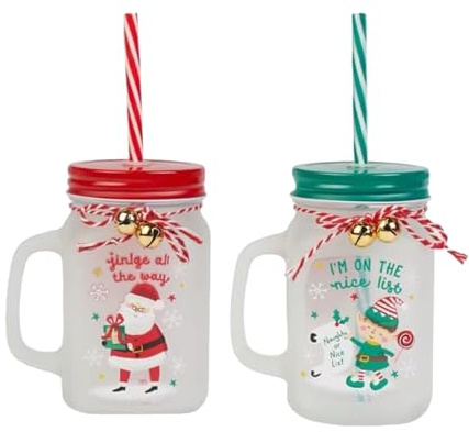 eBoutik - Set if 2 Christmas Mason Glass Jars with Handle, Lid & Straw - Festive Style Drinking Cup Mug for Xmas Eve Box or Sweet Stocking Fillers for Kids