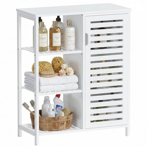HITNET Bambus Badschrank Freistehend, Badezimmerschrank mit 3 offenen Fächern und Lamellentüren, Aufbewahrungsschrank für Badezimmer, Wohnzimmer, Küche, Weiß