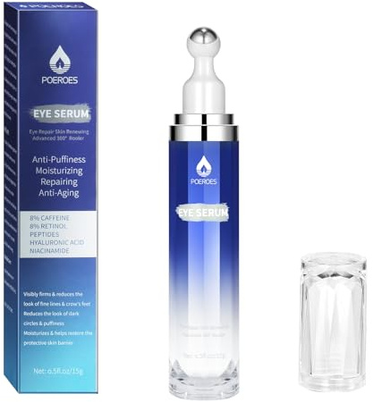 Poeroes ögonserum med 8 % koffein 8% retinol hyaluronsyra niacinamidpeptider för puffy eye väskor fina linjer mörka cirklar rynkor, Under ögonkräm med 360° ögonrullsmassageboll, 0,5 fl. oz