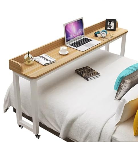 Rollbarer mobiler Nachttisch-Computer, stehender Arbeitsplatzwagen mit Laptop-über Betttablett für bequemes Lesen, stabile Beine, helles Walnussholz und weißes Regal, ideal für Zuhause oder Büro,