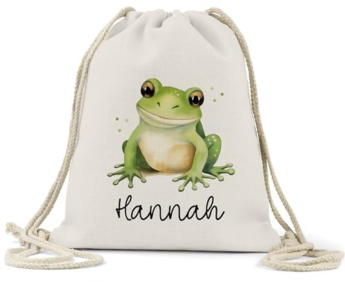 kleinebuchstaben 100% Baumwolle Turnbeutel Personalisiert mit Name - Wunschname - Sportbeutel Rucksack mit Kordelzug - für Sport Kindergarten Schule - 38 x 45 cm - 13 Liter (Frosch)
