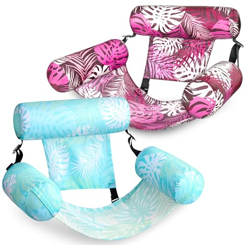 SLOOSH Inflatable Pool Floats Adult,2 Packs Floating Lounge Chairs,Blow up Pool Noodles for Adult Heavy Duty,Floating Chair for Party Summer Water Beach Lake Fun, Tropical Leaves-Cyan, Pink