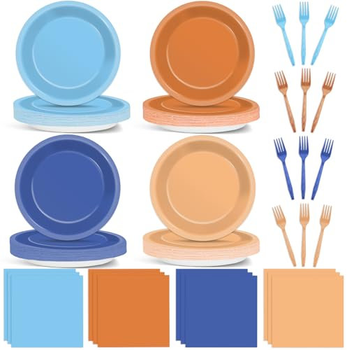 200Pcs Blue Dog Birthday Party Supplies Orange Blue Plates Napkins Party Decorations Blue Dog Tableware Dinnerware for Kids Boys Girls Birthday Baby Shower Dog Family Party Favors Serves 50 Guests