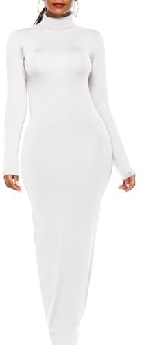 Vestido largo casual de manga larga para mujer, cuello alto, vestido ajustado de manga larga, mini vestidos de tubo, blanco, S