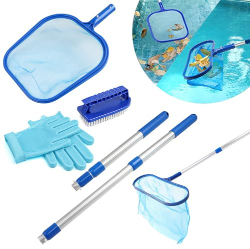 ROTKUSZ Retino per Piscina, Rete Pulita per Piscina con Asta Telescopica in Alluminio da 40-93cm, Kit Pulizia Piscina 5 PCS, Retina Raccogli Foglie, Rete a Maglia Fine dello Skimmer per Foglie