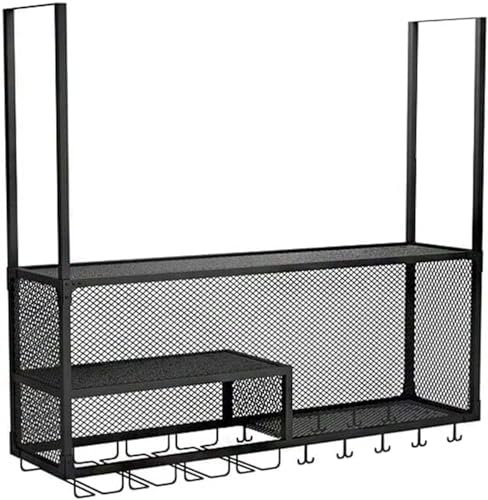 Estante de vino de estilo vintage montado en la pared con soporte para tazas para colgar en el techo, estante negro para copas de vino para copas de 80 x 3 pulgadas