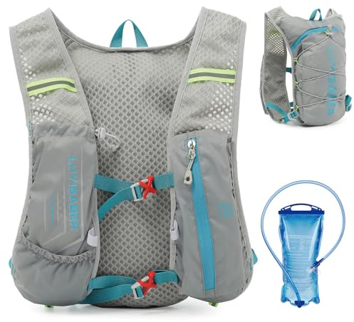 TRIWONDER Hydrationsväst för män och kvinnor, löpning, västen, lätt, reflekterande, ventilerande, maraton, cykling, vandring (grå, med en 2 liters vattenficka, en storlek)