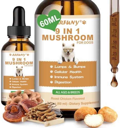 9 in 1 Pilze für Hunde, Verdauung, Haut, Gelenke, Immunabwehr | Pilz-Nahrungsergänzungsmittel für Hunde, Mit 9 Pilzen, Röst-Hühnchen-Geschmack, 60ML