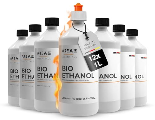 Area52 Bioethanol, 12x1L Reiner Ethylalkohol mit 96,6% Reinheitsgrad | Ethanol für Ethanolkamine, Tischkamine & Feuerstellen, geruchlos & rußfrei