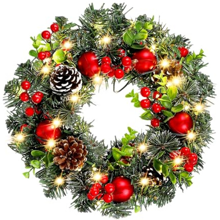 Garneck Weihnachtskranz mit LED Lichtern Rote Beeren Türkranz zur Dekoration Tragbar für Haustür Wand Fenster und Tisch Festliche Schaffen