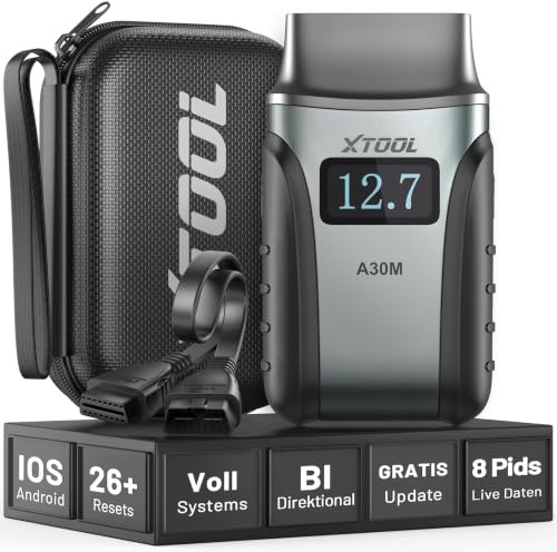 XTOOL A30M OBD2 Diagnosegerät Set, Bidirektionales Kabelloses Diagnosegerät Auto, Vollsystem, KI-Unterstützung, 26+ Resets, Öl ABS BMS DPF, 8-PID Live-Daten für iOS/Android, Lebenslange Update, CAN FD