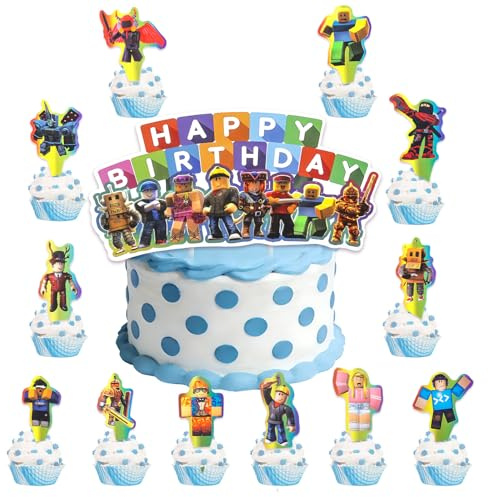 25pcs Cartoon Cake Decorations for Kids, Cake Toppers with 1 Large Happy Birthday and 24 Cupcake Toppers, Party Supplies Perfect for Kids Birthday Baby Shower