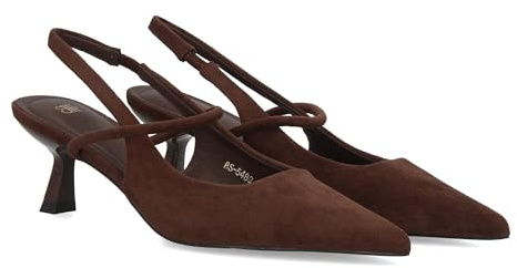 shoes&blues.es 98415 Zapato para Mujer de Salon con Tacon bajo, Punta Fina y Tira Cruzada. Estampado Liso, Ideal para Looks de Oficina o Eventos Especiales. Marron Talla 37