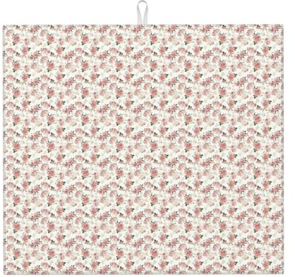 Alfombrilla de secado de cocina con estampado de rosas rosas con hojas, absorbente de agua, para mostrador, uso diario, utensilios de estante