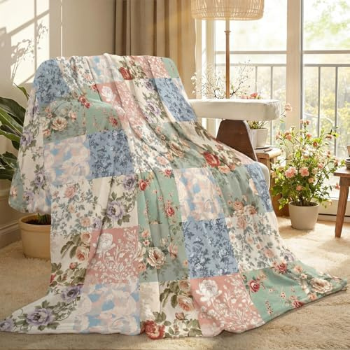Hahafelt Boho Pastel Floral Throw Blanket Fleece Patchwork Blanket