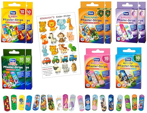 Barnplåster FIGO 100 x + 【gratis】Bergmann klistermärke, plåsterset för flickor och pojkar, kliniskt testad, vattenavvisande, ränder, färgglada plåster, klistermärken, barns födelsedagspresent