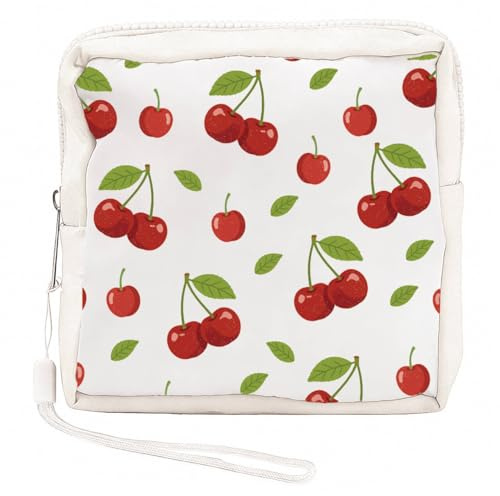 PRESSINART Sanitary Napkin Storage Bag Cherry Pattern, Period Pants Storage Pouch with Zipper Portable Reusable Waterproof Polyester Discreet Menstrual Pads Bag First Period Gifts for Women Daily Use