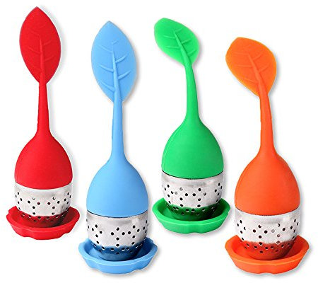 Schramm® 4 Stück Teesiebe Teesieb Teeei Blattoptik 4 farbig sortiert Teezubereiter Tee Ei Teefilter 15,5 x4 x 1,5cm BPA frei