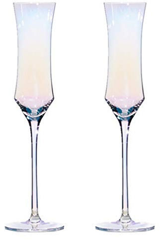 HEMOTON 2Pcs Champagne Flutes Hand Blown Crystal Champagne Glasses Rainbow Goblet Stemmed Wine Glasses for Wedding Christmas New Year Party Supplies