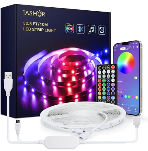 TASMOR USB LED Streifen 10M, Dimmbar 5050 RGB Strip | Steuerbar via Fernbedienung, Timermodus, 16 Millionen Farben Band, 5V Lights Sync Mit Musik Leiste für Party