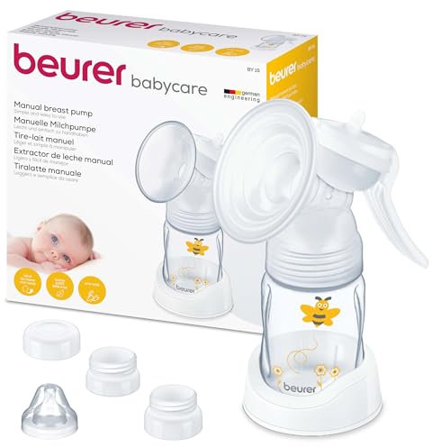 Beurer BY 15 Manuelle Milchpumpe, Handmilchpumpe für unterwegs, leicht und handlich, einfaches Abpumpen mit 2 Abpumpstufen, inkl. Fläschchen mit Anti-Kolik-System, weiches Silikonkissen