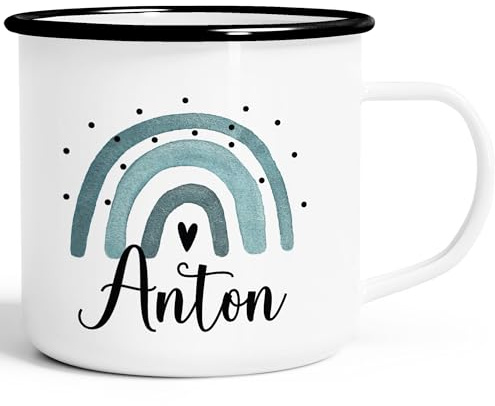 SpecialMe® Emaille-Tasse Kinder mit Name bedruckt Motiv Regenbogen personalisierbar Becher personalisierte Geschenke Weiss-blau-schwarz Emailletasse
