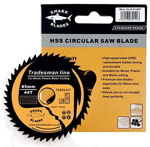 Shark Blades HSS Circular Saw Blade 85mm x 44T x 15mm Bore – Multi-Purpose Mini Saw Blade for Wood, Plastic, PVC & Metal – Compatible with Compact & Handheld Saws