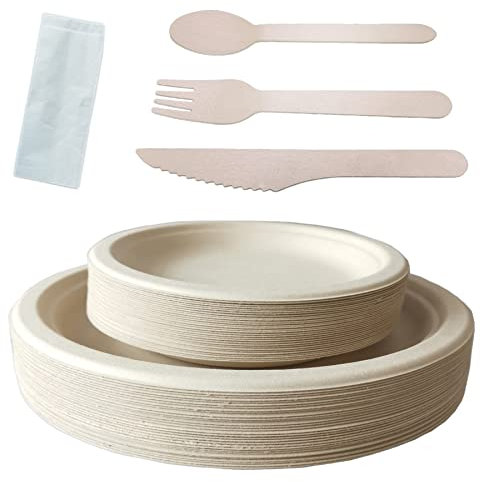 180 Stück Pappteller und Einweggeschirr set Kompostierbares Beinhaltet Biologisch Abbaubare Einwegteller 17,8 & 25,4 cm, Gabeln, Messer, Löffel und Servietten für Party, Camping, Urlaub